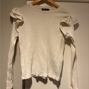 Zara Cream Long Sleeve Top with Ruffled Shoulders